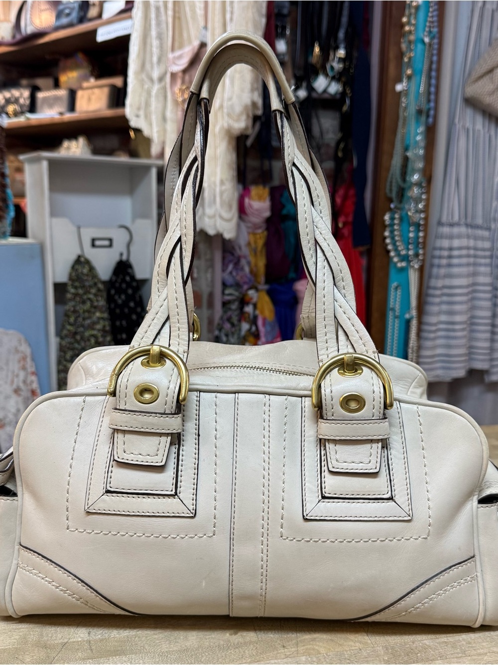 COACH Mia Braided Satchel Vintage White Leather